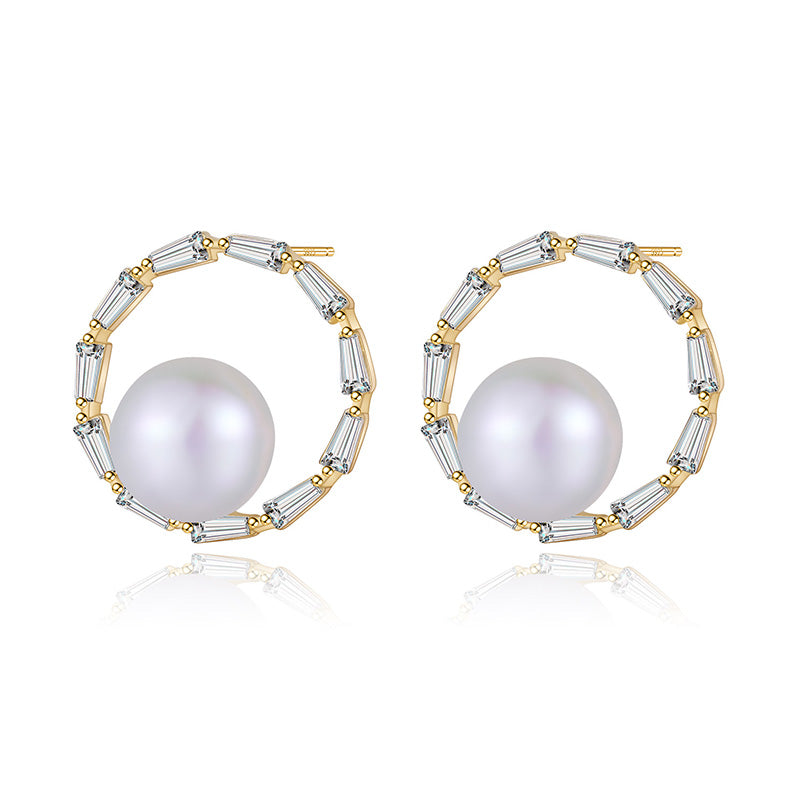 Authentic 925 Sterling Silver Sparkling Zirconia Wreath Stud Earring Natural Pearls Women Jewelry Party Gift