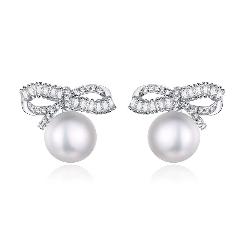 Bow-Knot Women 2020 High Quality White Natural Pearl Stud Earrings Real 925 Sterling Silver Elegant Brincos