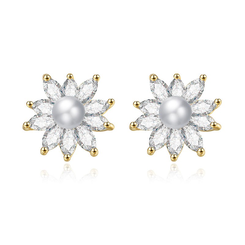 Elegant Flower Natural Pearl Top Quality Zirconia Stud Earring 925 Sterling Silver Women Fine Jewelry Gift