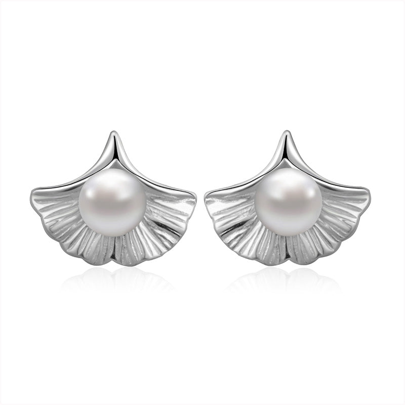 Ginkgo Biloba Leaf Stud Earring Real Pearl Earrings For Women Girl Fashion Female Sterling-silver-Jewelry Gift