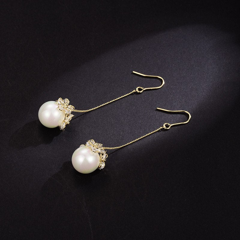 Natural Pearl Drop Earrings For Women Pendant Silver Zircon Dangle Ear Round Earrings Gold Real Pearl Earring