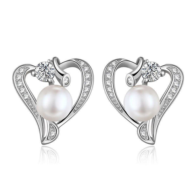 Natural Pearl Earrings Jewelry 925 Sterling Silver White Pearl Heart Shaped Push-back Stud Earrings For Women