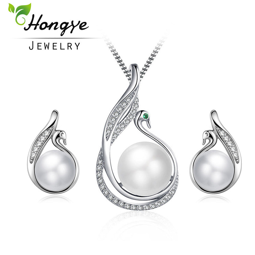 Natural White Pearl Cute Swan Jewelry Sets 925 Silver Necklace&Stud Earring Sets Women Engagement Accessories
