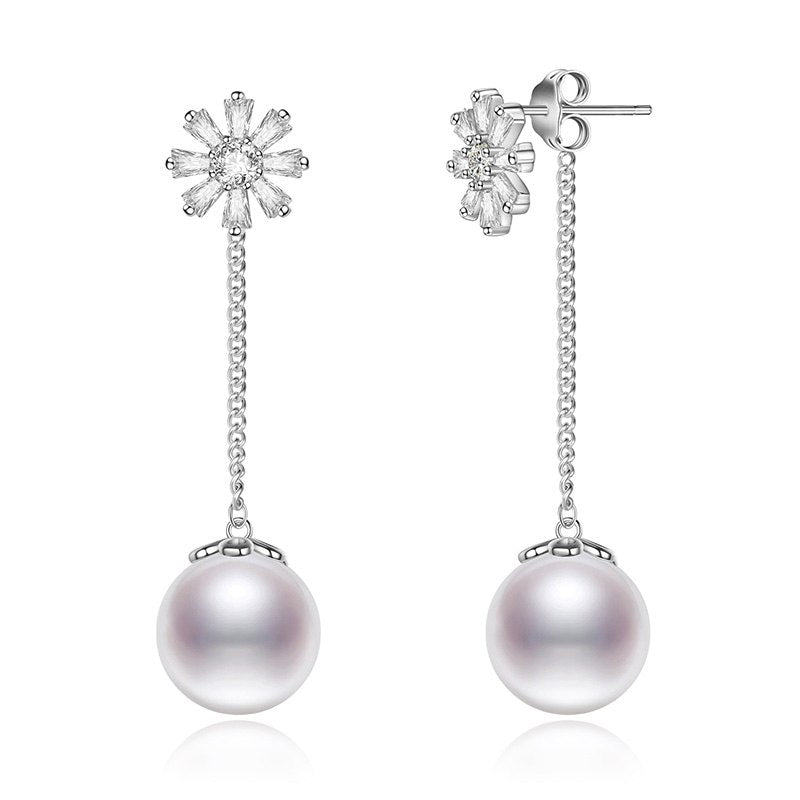 New Brincos Bijoux Flower Natural Pearl 925 Sterling Silver Long Drop Dangle Earrings For Women Wedding Jewelry Oorbellen