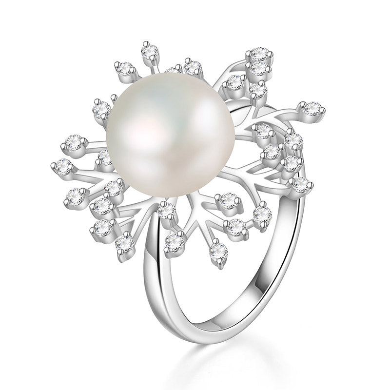 New Design Snowflake Genuine Natural White Pearl 100% 925 Sterling Silver Unique Rings Wedding Jewelry Gift