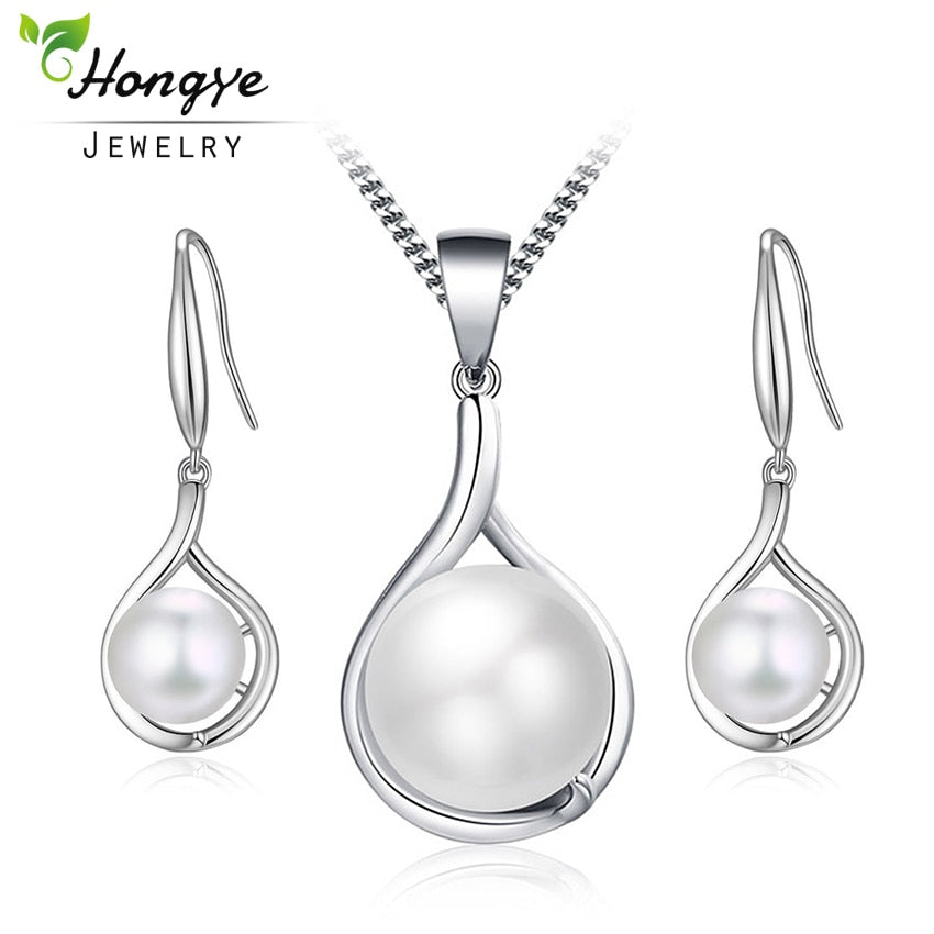Popular Elegant 925 Sterling Silver White Pearl Jewelry Set for Women Girl Pendant Necklace & Earrings Cheap