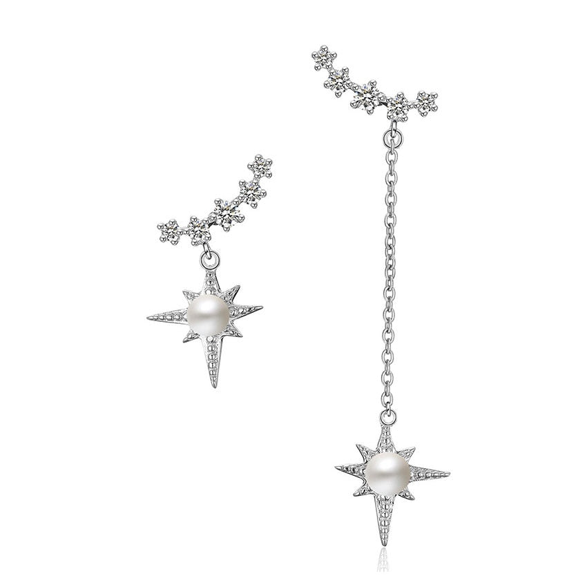 Real Pure 925 Sterling Silver Shiny Long Irregular Star Natural Pearl Drop Earring For Women Girls Best Gifts