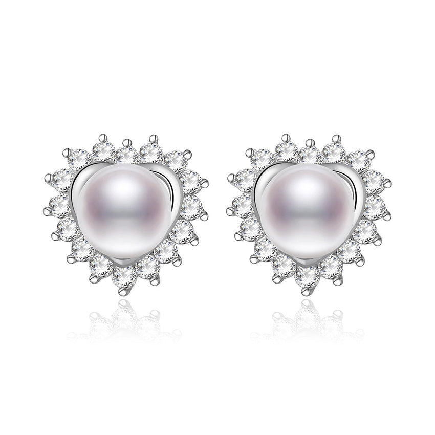 Romantic Love Heart Sterling Silver Jewelry Natural Pearl Stud Earrings For Women Girl Friend Wife Valentine's D Gift