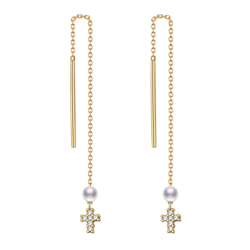 Simple Long Strip Tassel Pearl Earrings For Women 925 Sterling Silver Chain Cross Shaped Earhook Dangle Drop Earrings