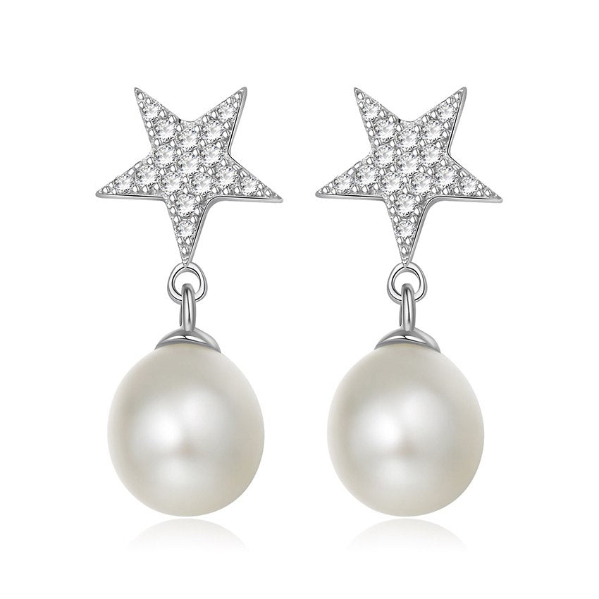 Star Earrings Natural Pearl Jewelry White for Love Earrings 7-8mm Geometric Pearl Sterling Silver Drop Earring