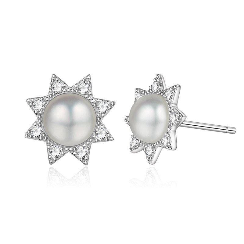 Top Quality Natural Pearl Stud Earring Women Elegant Fashion 925 Sterling Silver Shiny Zirconia Flower Jewelry