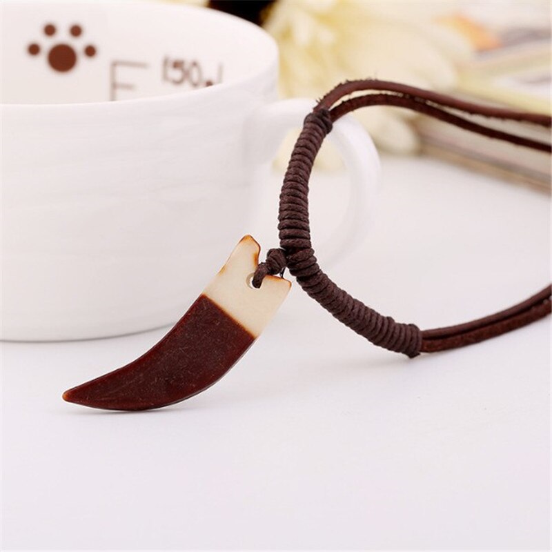 Horn Pendant Necklace Men Brown Genuine Leather Necklace Jewellery Ethnic Charm Accessories Drop Shipping