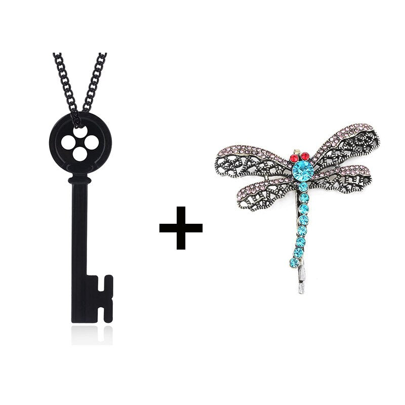Horror Movie Coraline Necklace Cartoon Black Button Key Skull Collar Necklace Dragonfly Hairpin For Women Jewelry Gift
