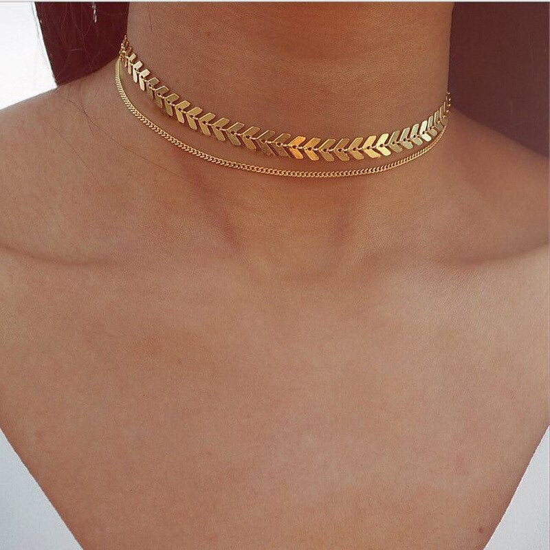 2021 Chain Choker Two Layers Necklaces Fishbone Airplane Shape Gold Color Necklace Flat Chain jewelry