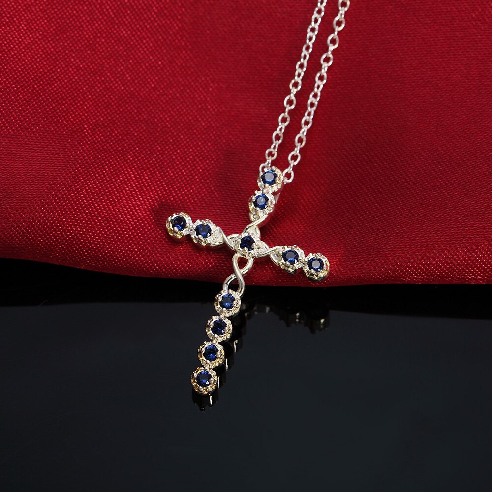 925 Stamped Silver Blue crystal cross Pendant Necklace For Women Christmas gifts Wedding party fine noble Jewelry