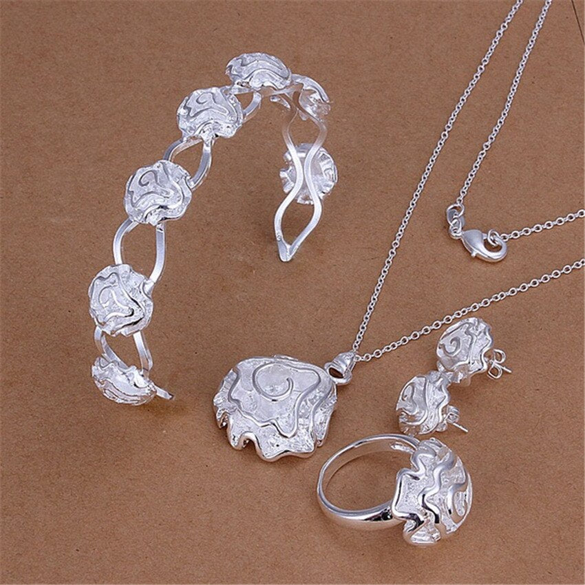 925 sterling Silver Romantic rose flower necklaces bangle rings Bracelets earrings for women Jewelry set Party gifts