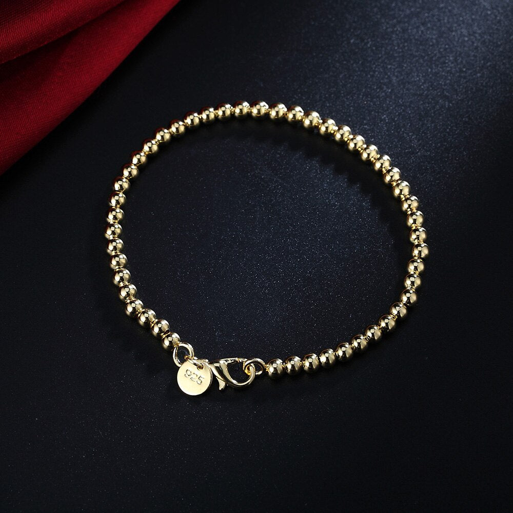 925 sterling Silver plated 18K rose gold color 4MM beads Chain Bracelets for Women Party wedding Gifts fine Jewelry