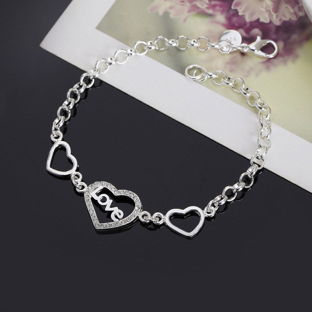 925 sterling Silver romantic crystal LOVE heart Bracelet for Women charm Wedding Party Gift  designer Jewelry
