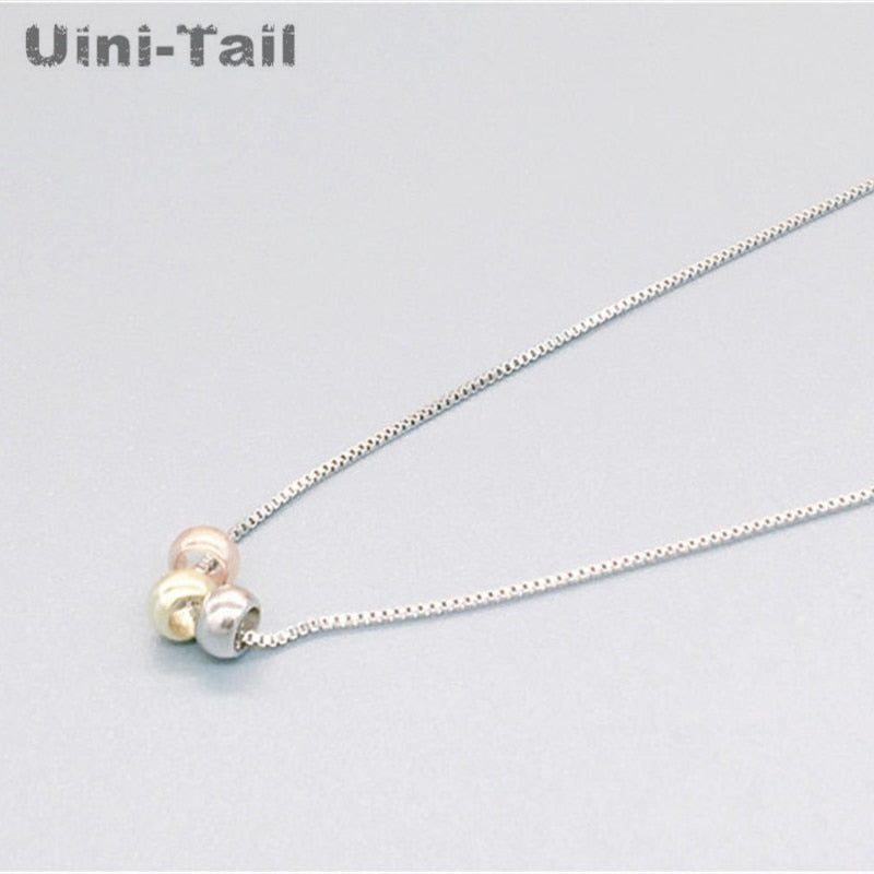 Hot 925 sterling silver simple temperament personality minimalist three-color small round beads rose gold necklace