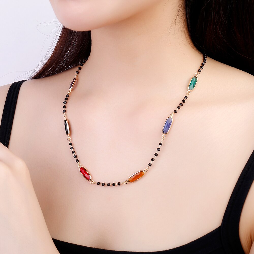 Boho Colorful Crystal Zircon Charm Necklace For Woman Bohemia Rhinestone Gold Silvery Necklaces Female Jewelry Gifts