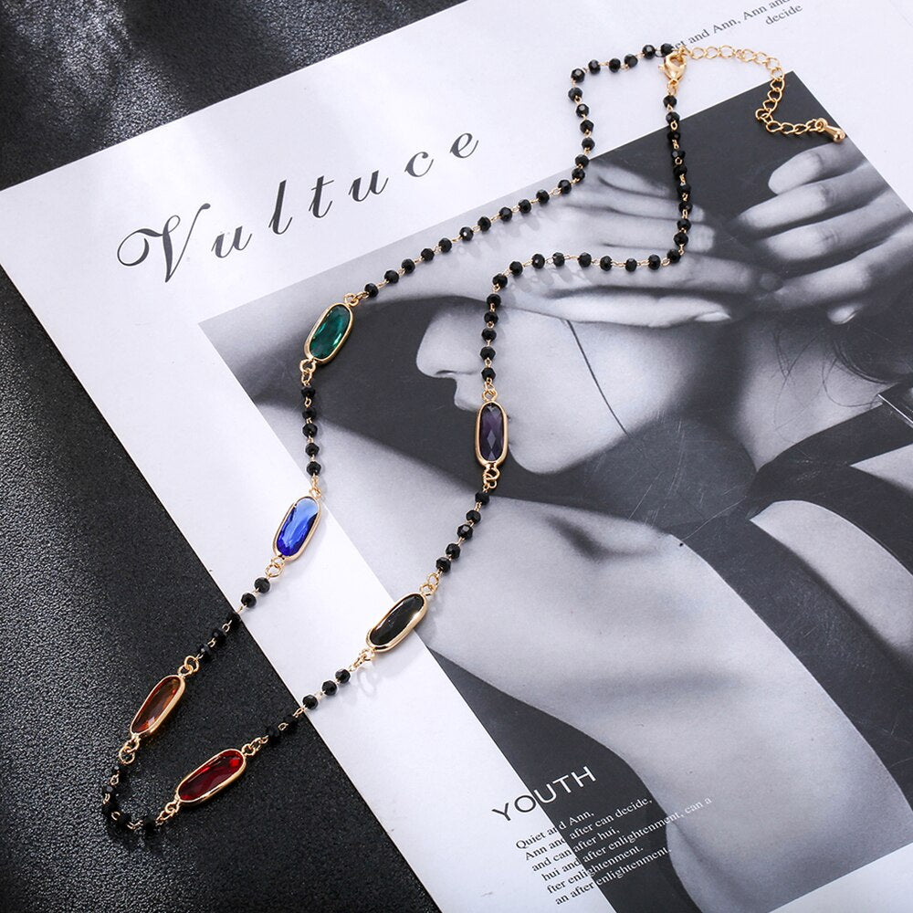 Boho Colorful Crystal Zircon Charm Necklace For Woman Bohemia Rhinestone Gold Silvery Necklaces Female Jewelry Gifts