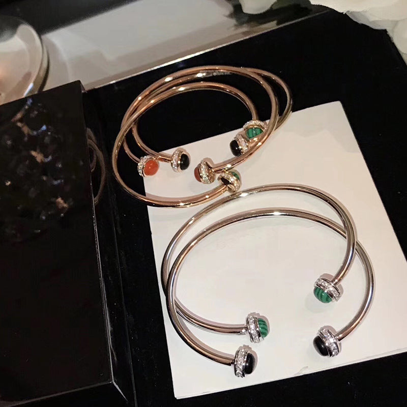 Hot Brand Pure 925 Sterling Silver Jewelry For Women Rose Gold Colorful Stone Bangle 2 Ball Bangle Wedding Classic fine Jewelry