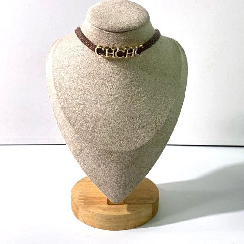 Brand Short Style Yellow Green Brown Orange Color PU Leather Stainless Steel Letter Chokers Necklace For Women