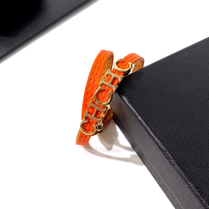 Brand Short Style Yellow Green Brown Orange Color PU Leather Stainless Steel Letter Chokers Necklace For Women