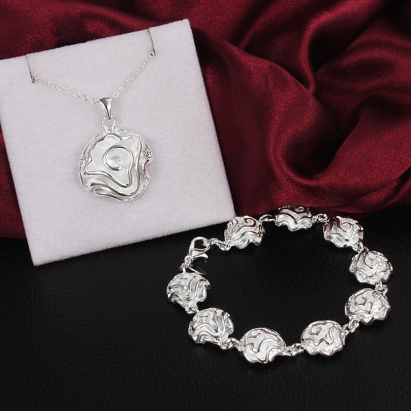 Charms designer 925 sterling Silver Pretty rose flower Bracelets necklaces Jewelry set for women Party wedding gifts