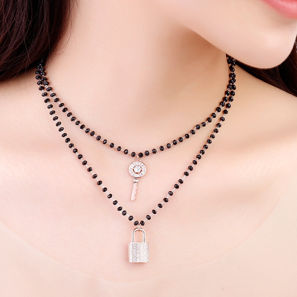 Crystal Key & Lock Beaded Choker Necklace Double Layer  Brand Shining CZ Pendant Choker Women Collares Jewelry