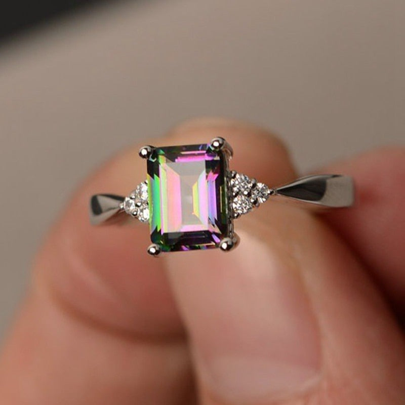 Hot Fashion Mens Women Colorful Stone Square Zircon Ring Creative Personality Inlaid Rainbow Crystals Zircon Ring Top Quality