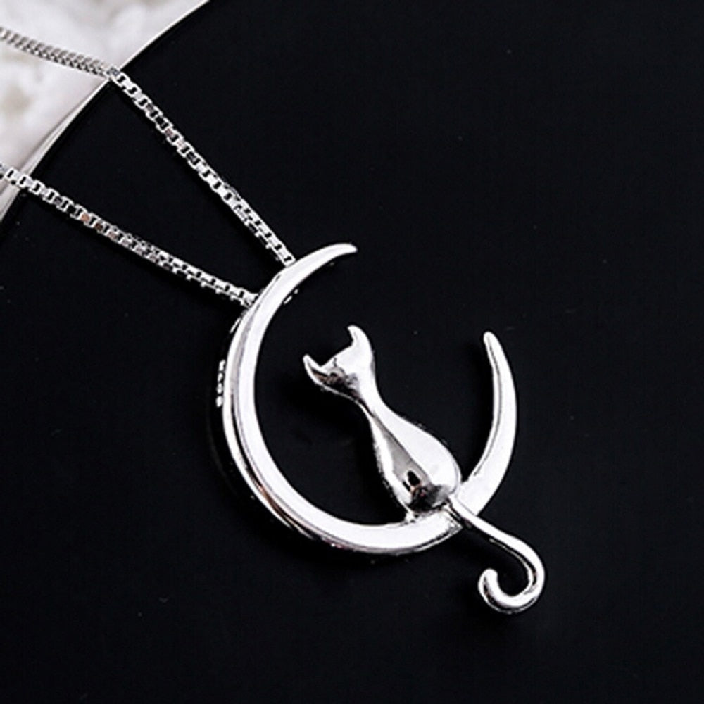 Hot Fashion Silver Moon Cat Necklaces Pendant Long Kitty Necklace For Women