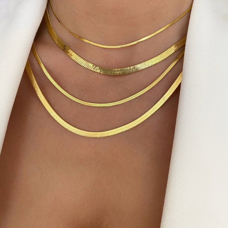 Unisex Snake Chain Women Necklace Choker Stainless Steel Herringbone Gold Color Chain Necklace For Women Jewelry