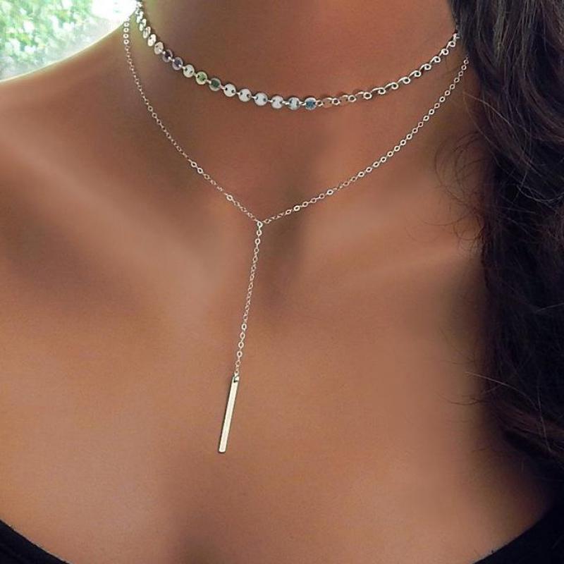 Hot Gold Silver Long Bar Choker Necklace For Women Pendant Jewelry Double Layer Necklace Set Initial Disc Choker Necklace Gift