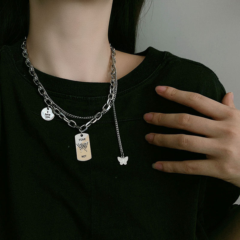 Gothic Multi-Layer Thick Chunky Chain Butterfly Necklace Women Silver Color Rhinestone Pendant Necklaces Aesthetic Jewelry