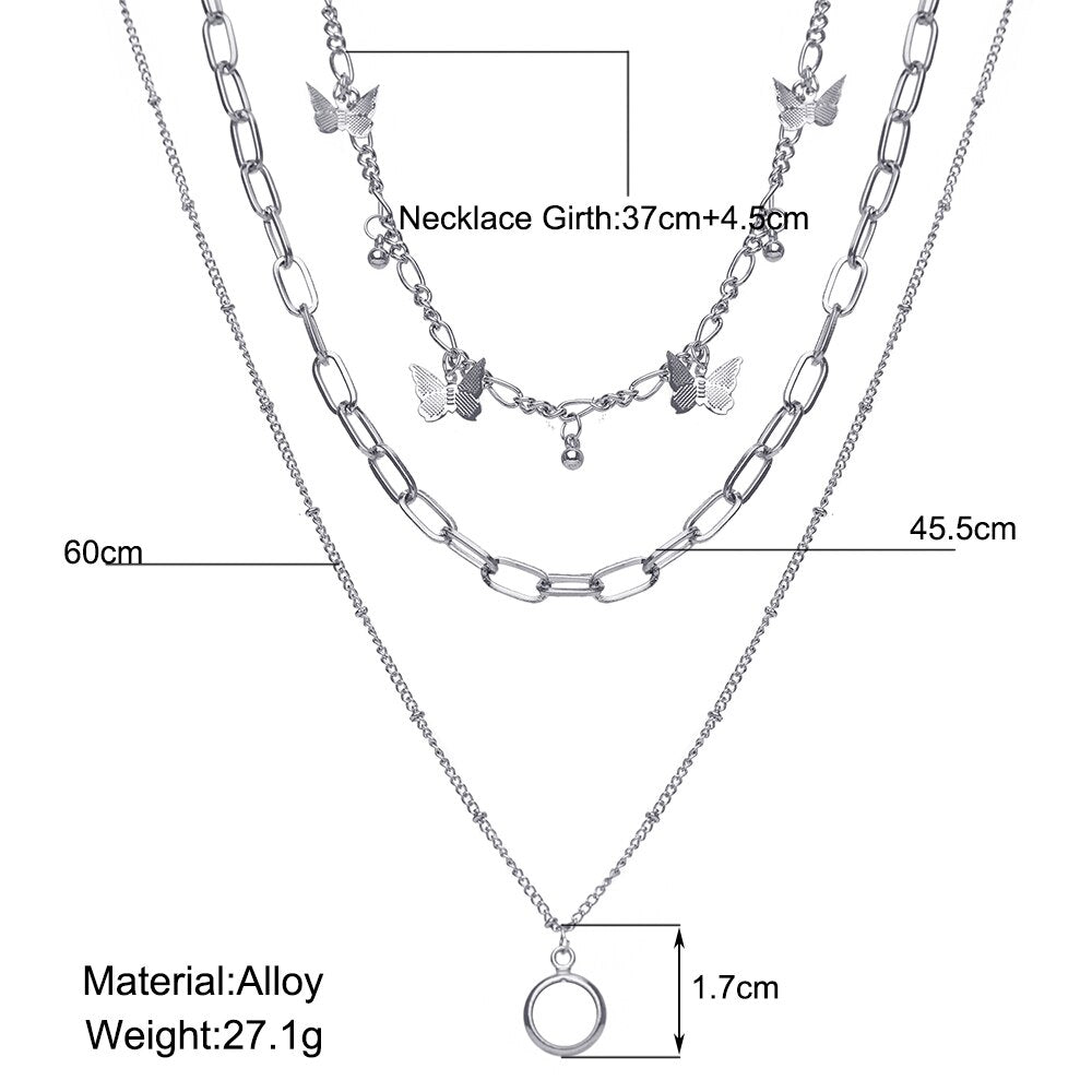 Gothic Multi-Layer Thick Chunky Chain Butterfly Necklace Women Silver Color Rhinestone Pendant Necklaces Aesthetic Jewelry