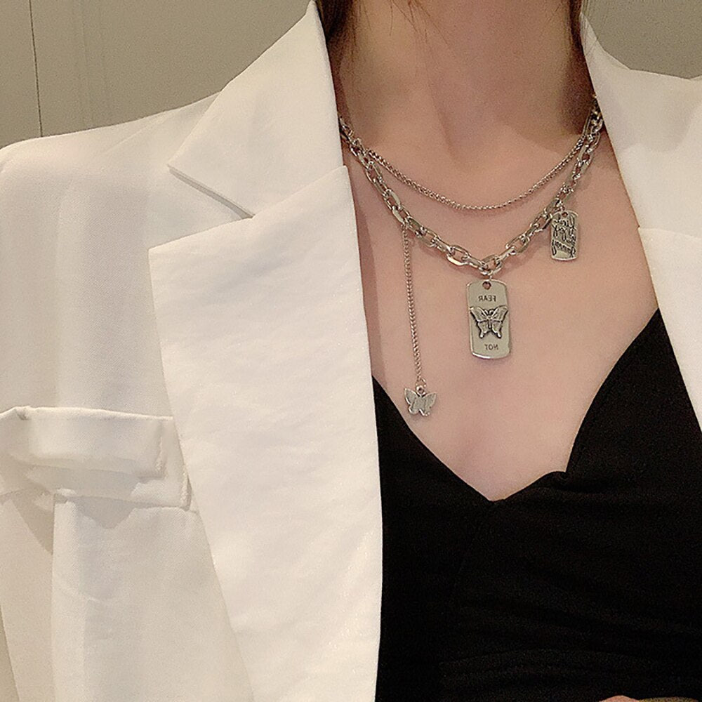 Gothic Multi-Layer Thick Chunky Chain Butterfly Necklace Women Silver Color Rhinestone Pendant Necklaces Aesthetic Jewelry