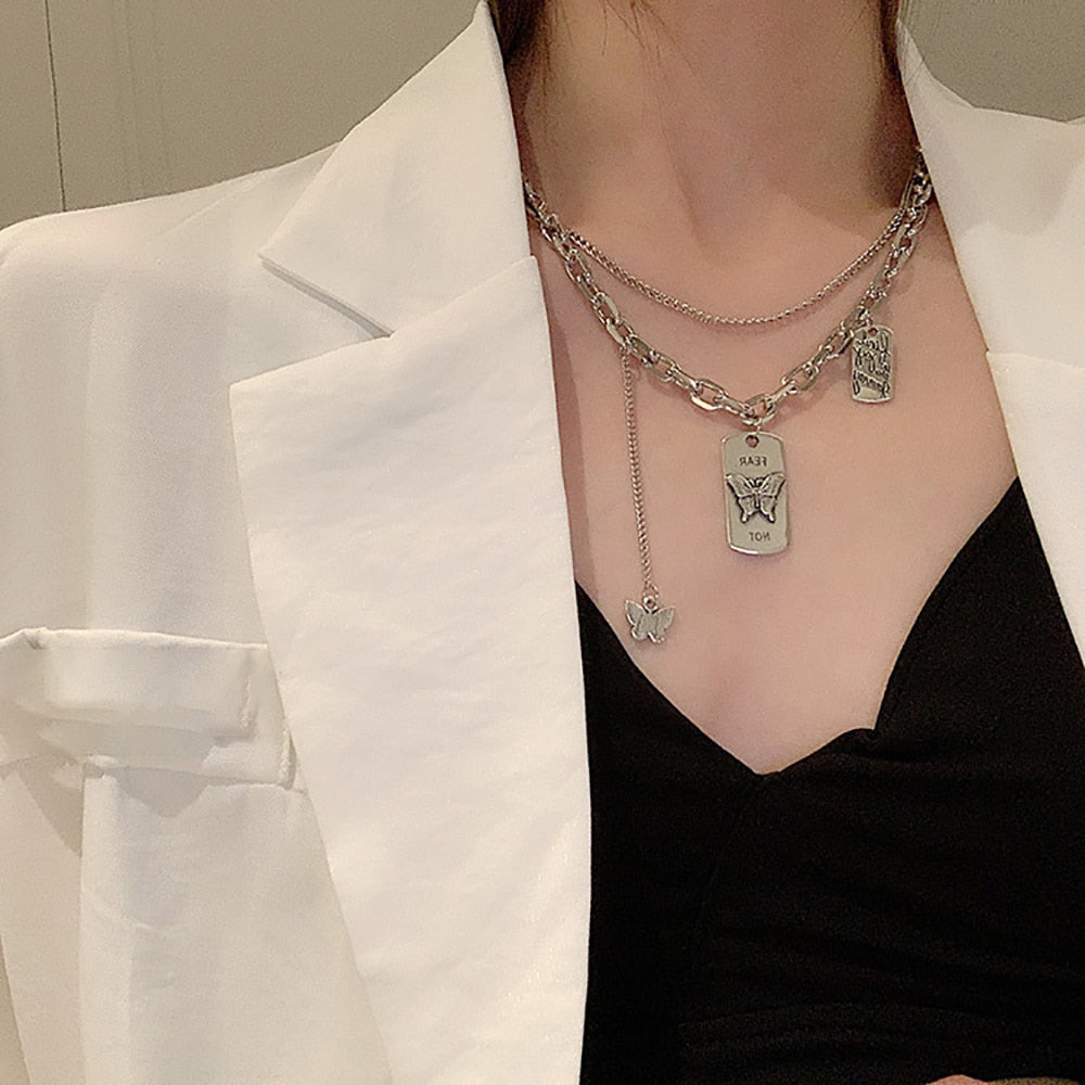 Gothic Multi-Layer Thick Chunky Chain Butterfly Necklace Women Silver Color Rhinestone Pendant Necklaces Aesthetic Jewelry