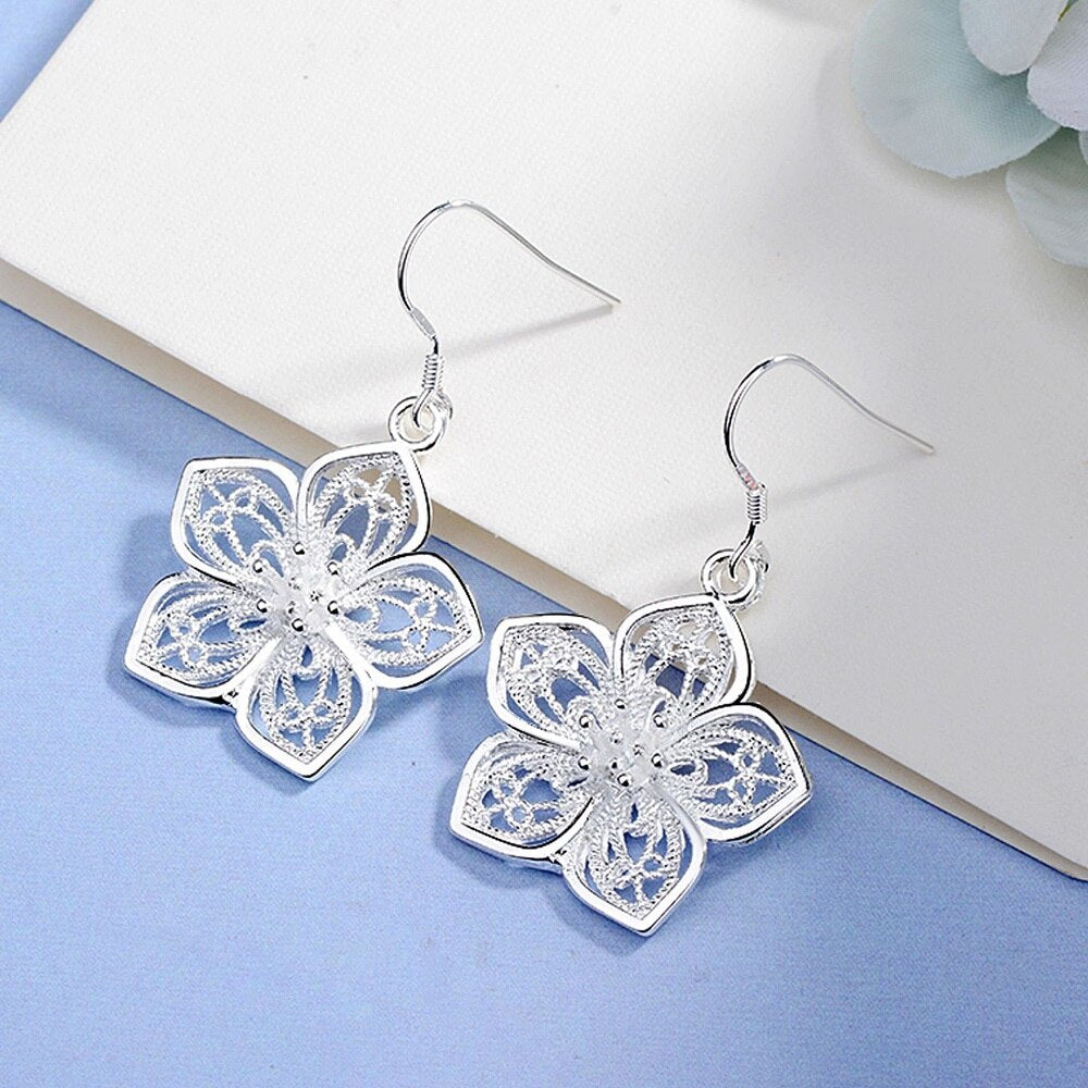 Retro Pretty Flowers 925 Sterling Silver Earrings for women  party wedding Jewelry fine gifts