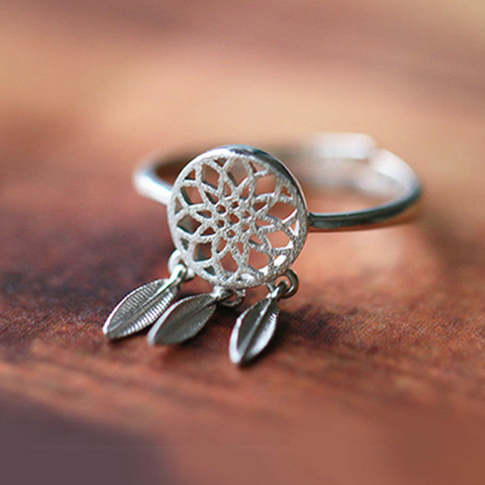 Hot Korean Version Fashion Hollow Feather Adjustable Opening Rings Gold/Silver Color Dreamcatcher Rings For Female Girls Gift