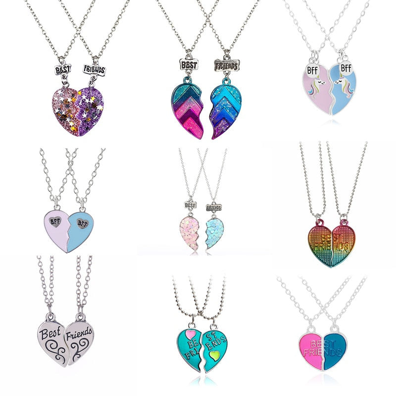 Pink Blue Sequin Stitching Heart Broken Friends Necklace Pendant Chain BFF Friendship Jewelry Gifts For Kids 2PCS/Set
