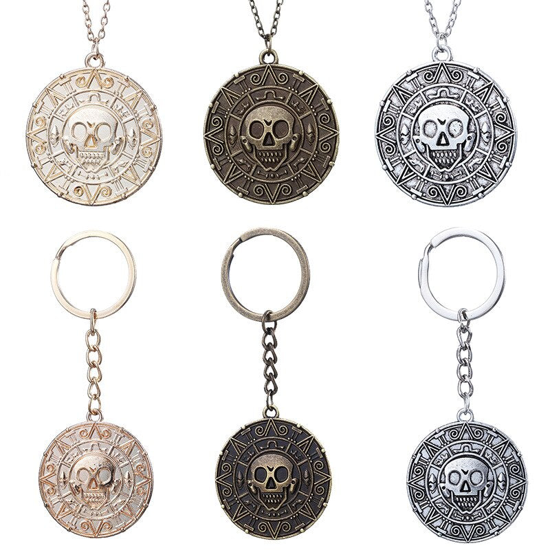 Pirates Of The Caribbean Necklace Jack Sparrow Aztec Coin Medallion Vintage Gold Bronze Keychain Silve Pendant