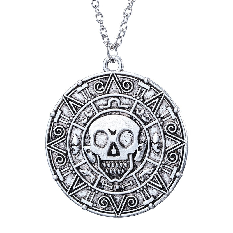 Pirates Of The Caribbean Necklace Jack Sparrow Aztec Coin Medallion Vintage Gold Bronze Keychain Silve Pendant