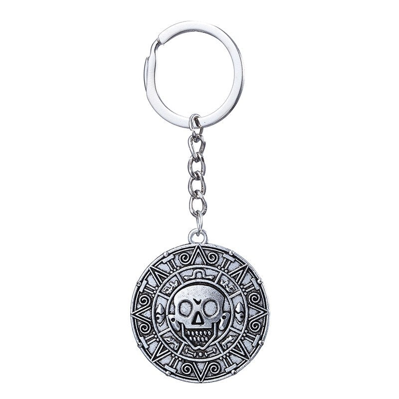 Pirates Of The Caribbean Necklace Jack Sparrow Aztec Coin Medallion Vintage Gold Bronze Keychain Silve Pendant