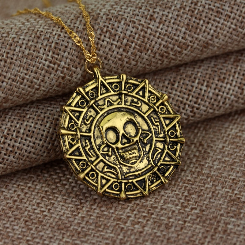 Pirates Of The Caribbean Necklace Jack Sparrow Aztec Coin Medallion Vintage Gold Bronze Silve Pendant