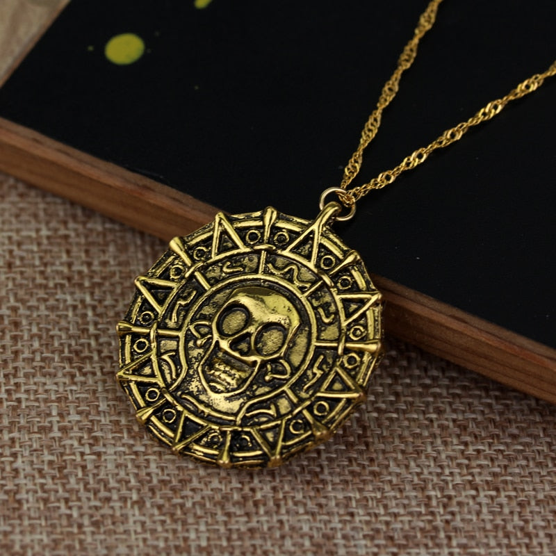 Pirates Of The Caribbean Necklace Jack Sparrow Aztec Coin Medallion Vintage Gold Bronze Silve Pendant