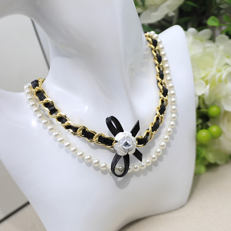 Pop  Brand Ladies Pearl Lovely Bow Camellia Necklace Punk Leather Chain Two-ply choker Wedding Anniversary Jewelry
