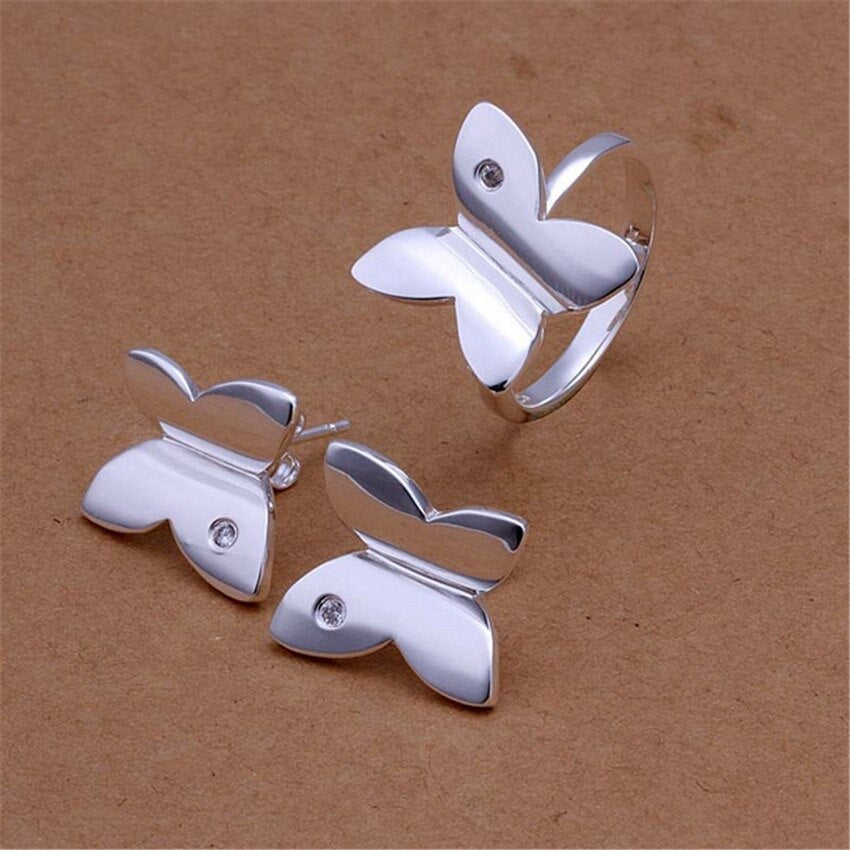 Popular brands 925 Sterling Silver crystal butterfly stud earrings rings Jewelry sets for women Party Christmas gift