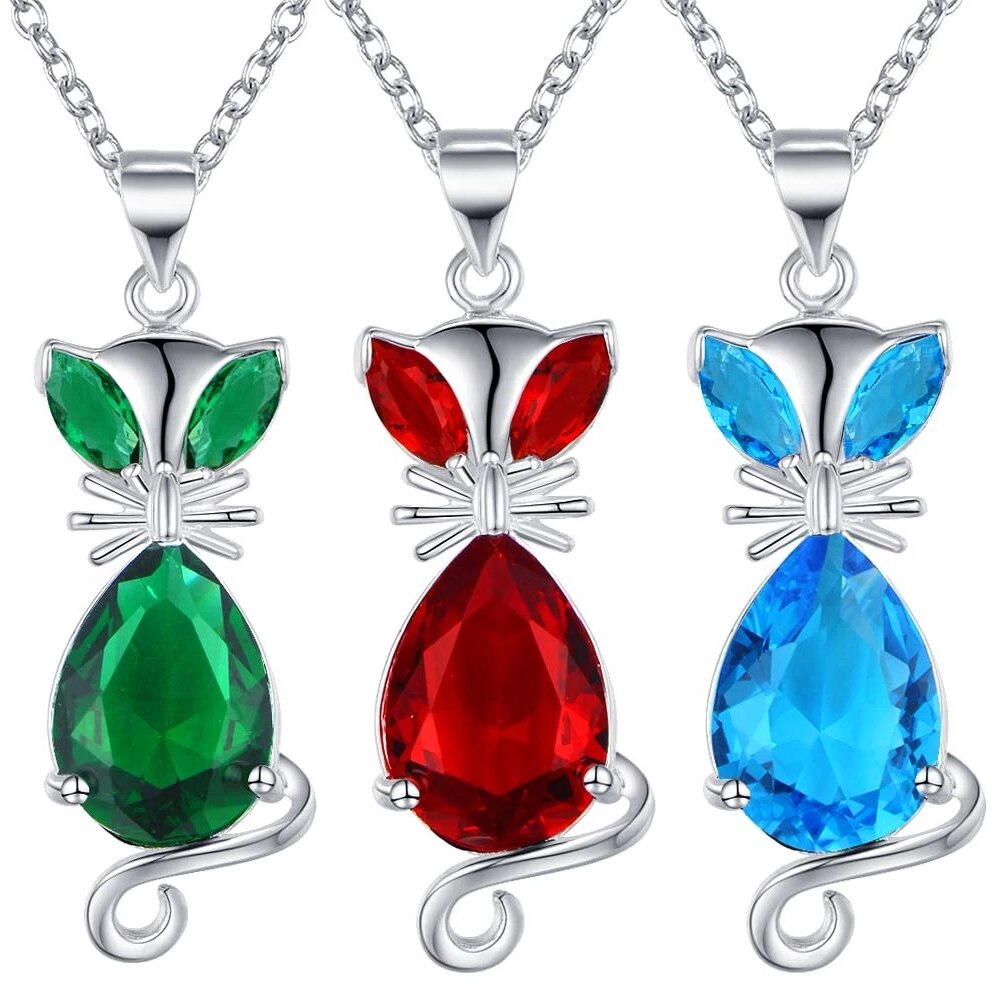 Pretty 925 Stamped Silver  red Blue green Crystal Fox Pendant Necklace For Women party Wedding Jewelry Gifts