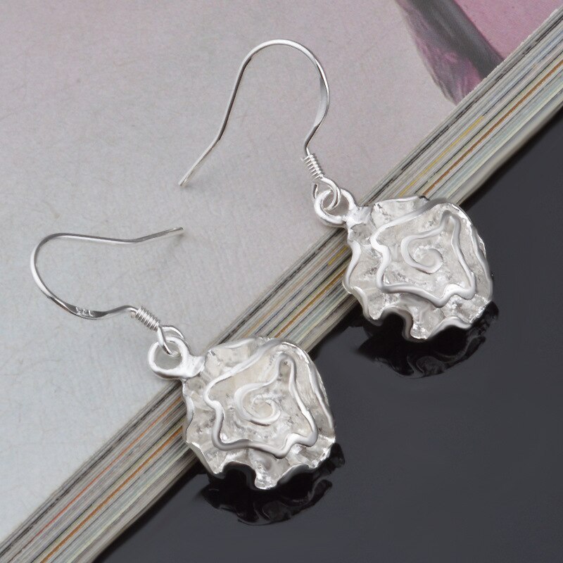 Pretty 925 Sterling Silver Romantic Rose flower Earrings for Women Holiday gifts classic party wedding Jewelry